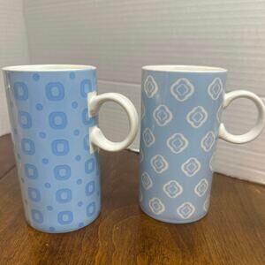 Latte mugs in blue pattern 5” tall and 2.5” wide.
